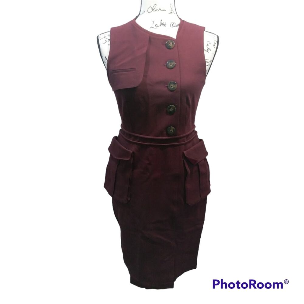 Pure Navy Burgundy Sheath Dress Button Front With Pockets Utility Size 4